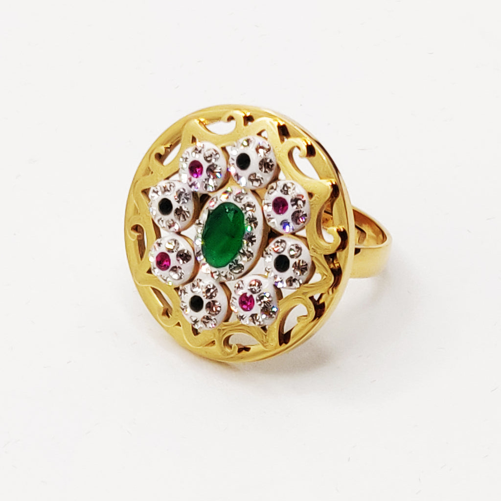 Bague Torsade Cercle Oriental Cristaux Verts et Roses Luxe