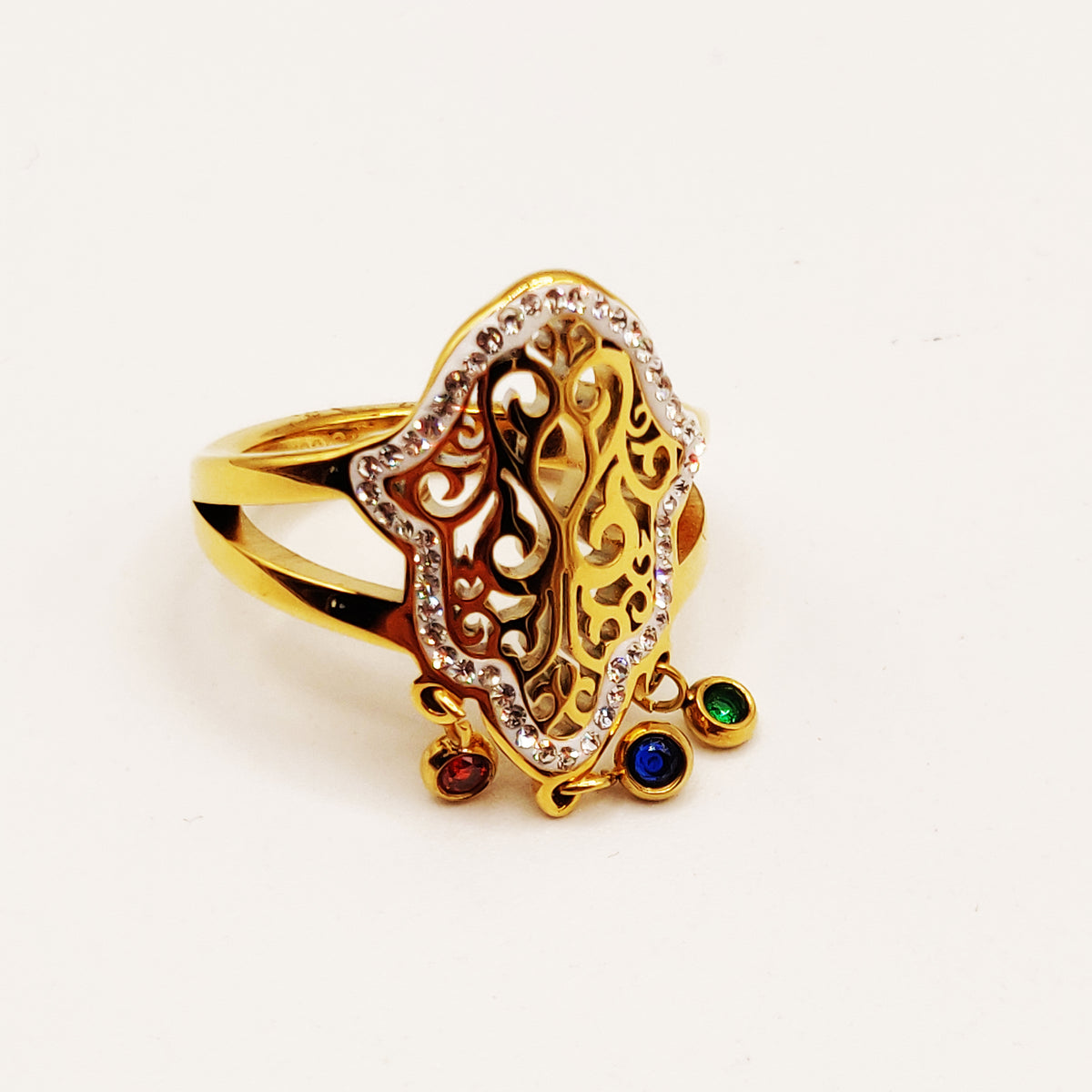 Bague Grande Main de Fatma Pendentifs Cristaux Multicolores Luxe