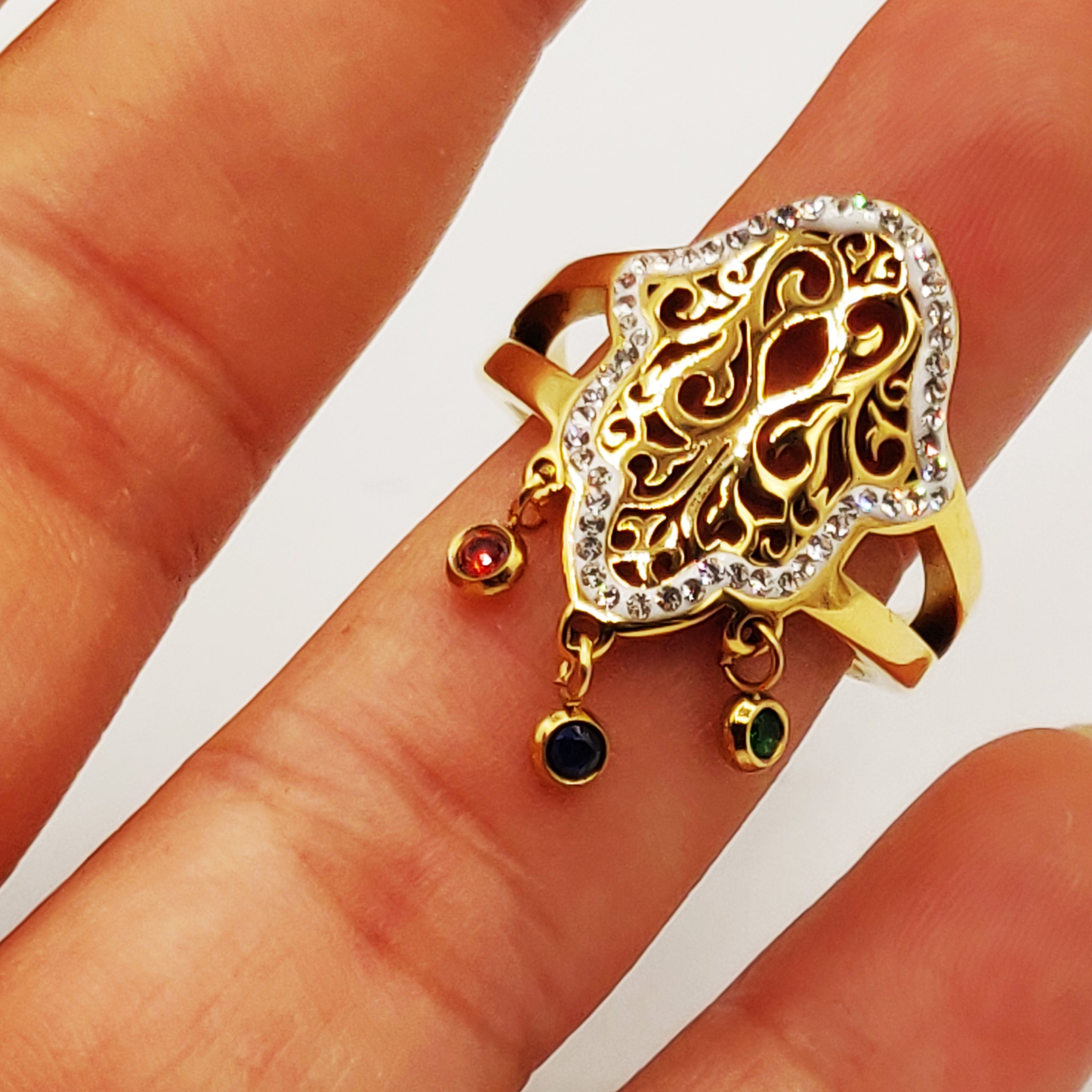 Bague Grande Main de Fatma Pendentifs Cristaux Multicolores Luxe