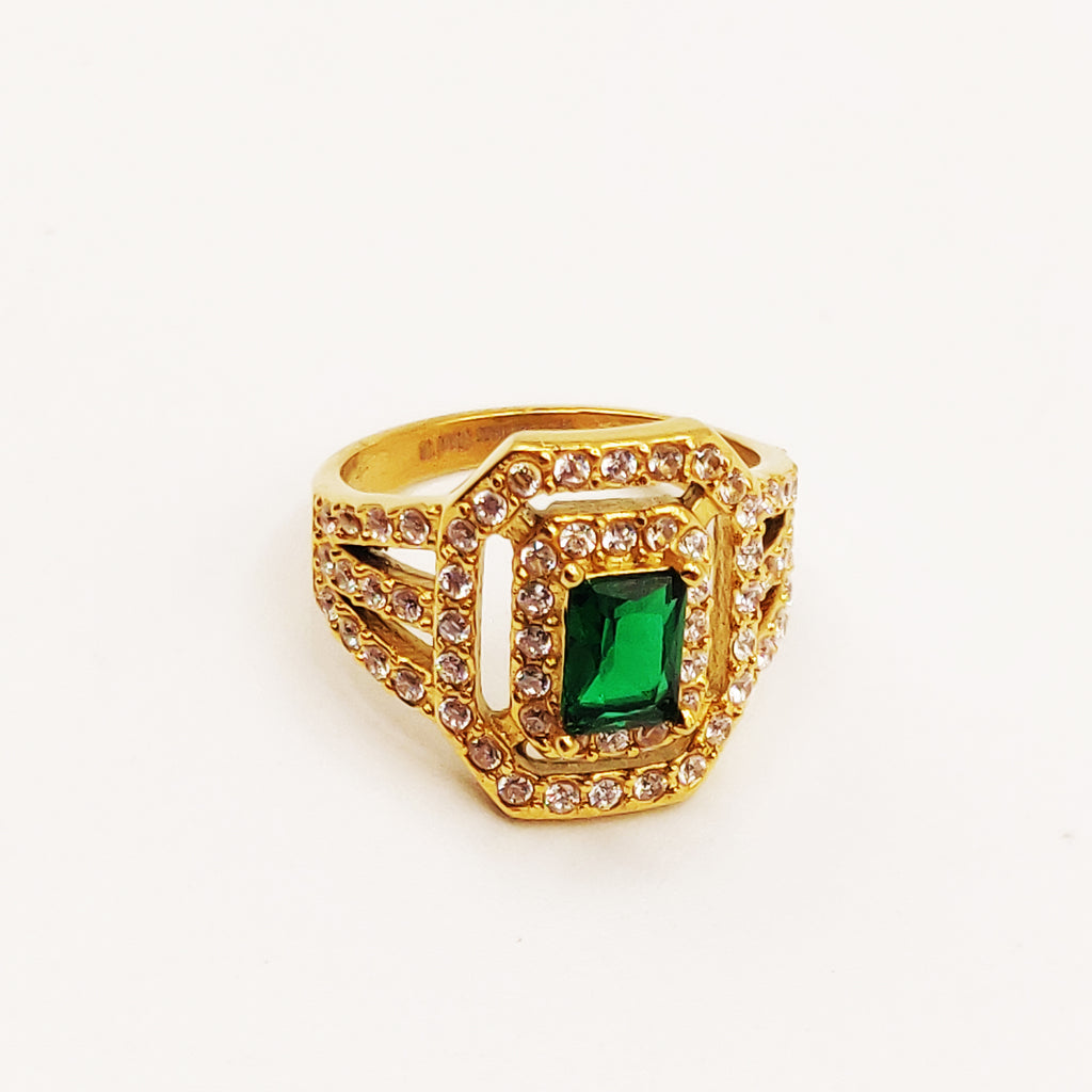 Bague Gros Émeraude Multi Cristaux Dorée