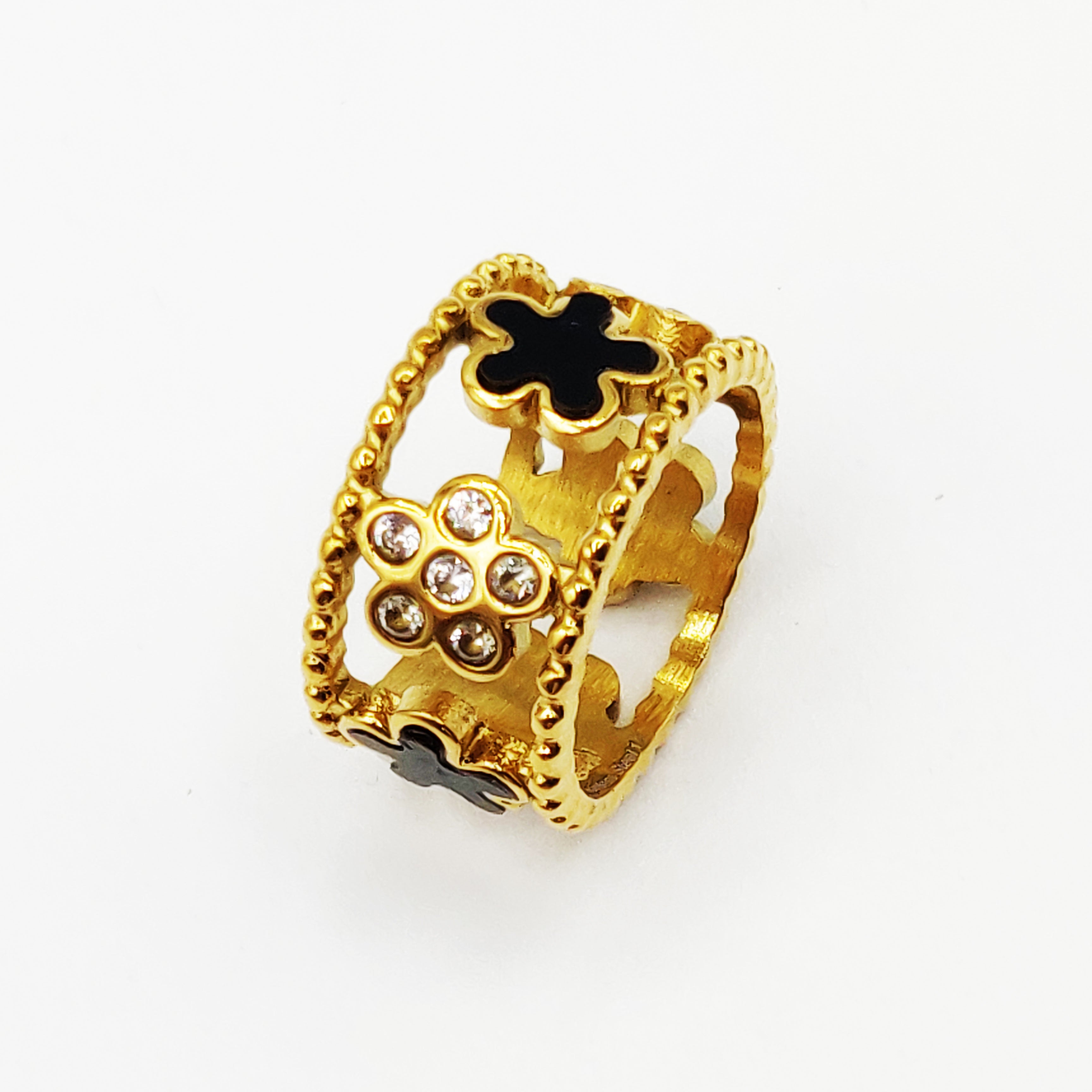 Bague Marguerites Noires et Cristaux