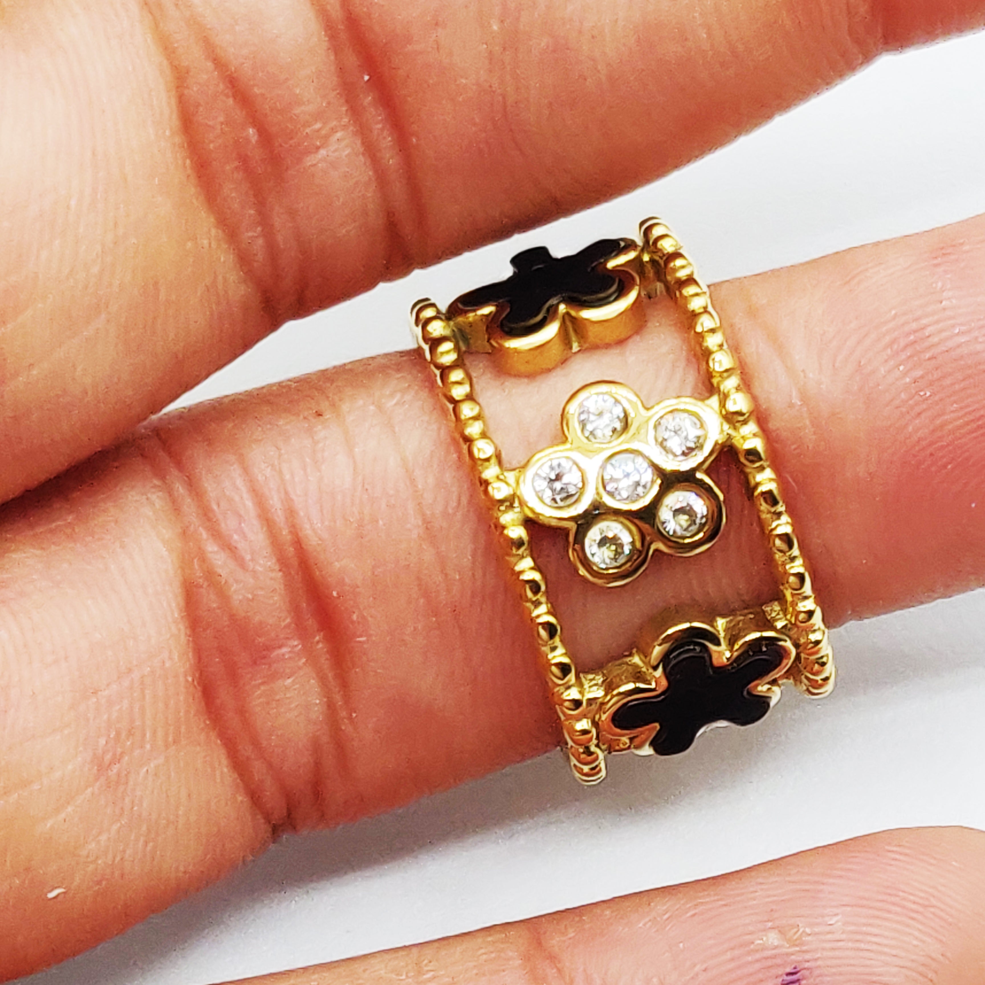 Bague Marguerites Noires et Cristaux