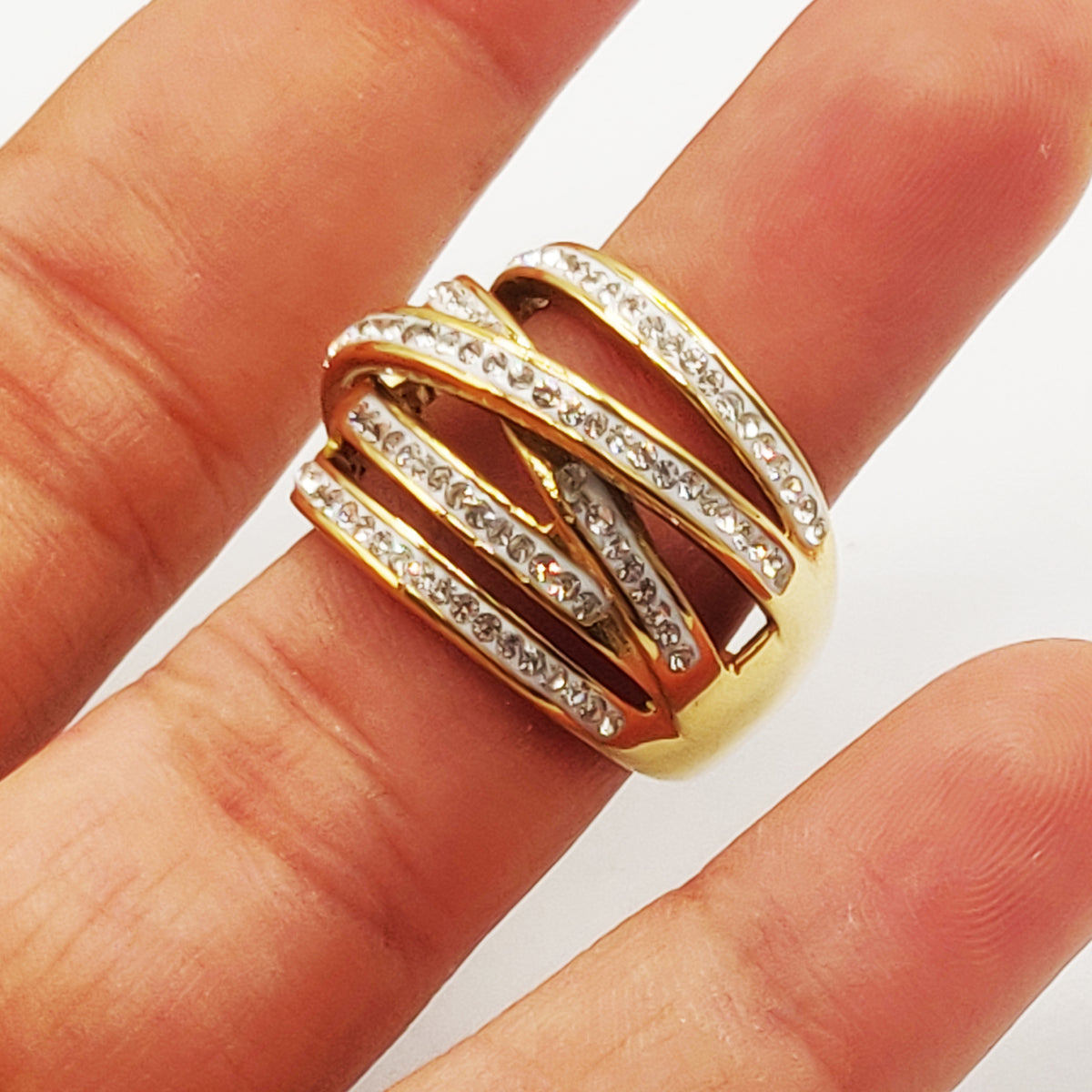 Bague 5 Lignes Croisées Cristaux Luxe