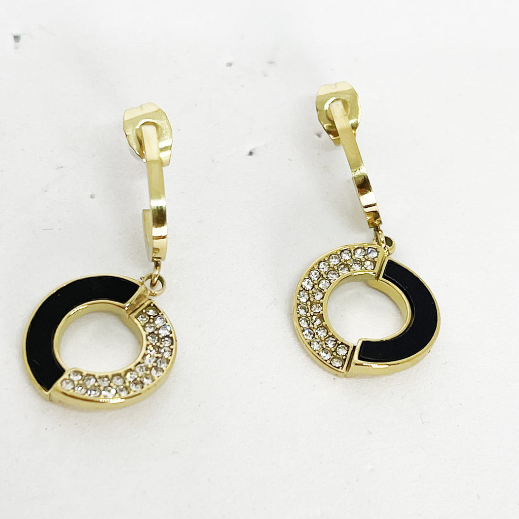 Boucles d'oreilles Cercle Mi-Noir Mi-Cristaux
