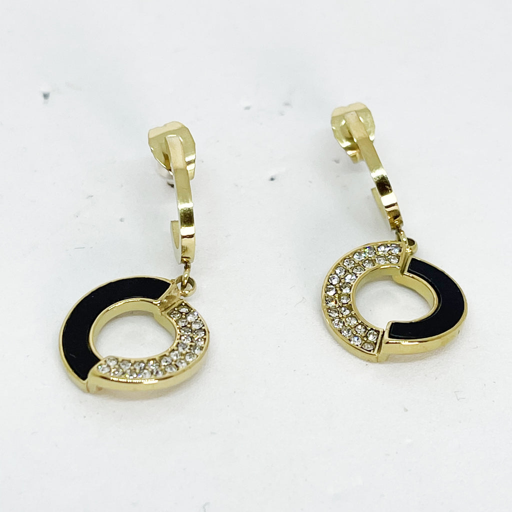 Boucles d'oreilles Cercle Mi-Noir Mi-Cristaux