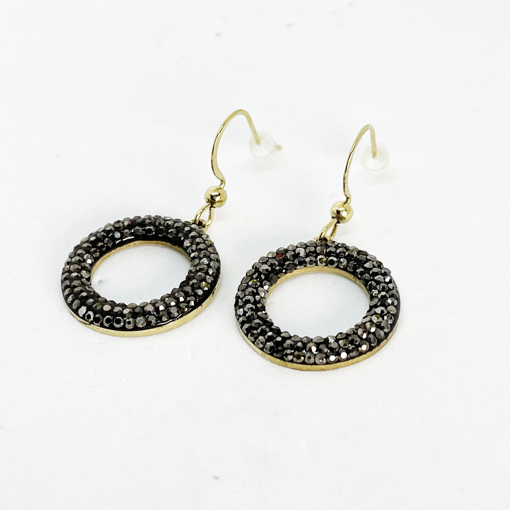 Boucles d'oreilles Cercle Cristaux Noir et Barre