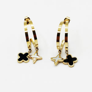 Boucles d'oreilles Cercle Trèfle Noir et Étoile Blanche Nacrée