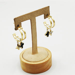 Boucles d'oreilles Cercle Trèfle Noir et Étoile Blanche Nacrée