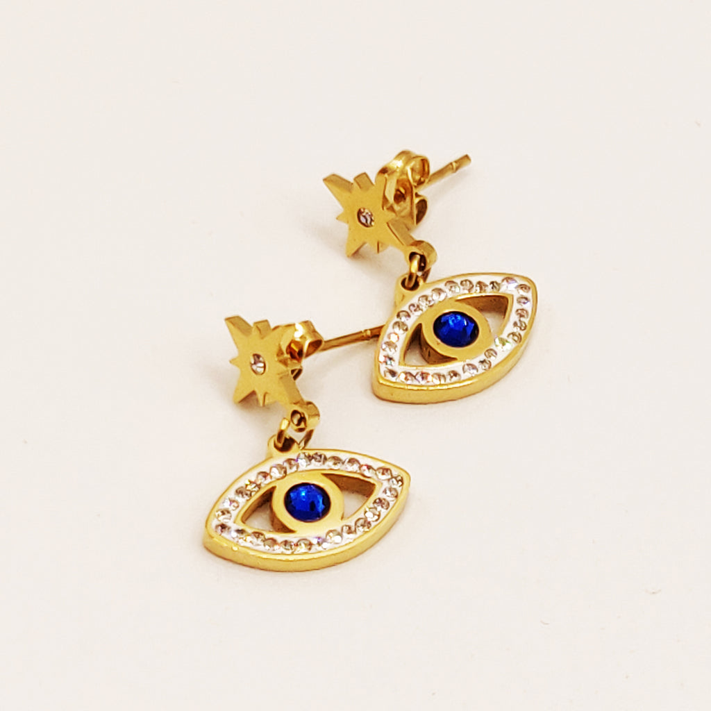 Boucles d'oreilles Chaîne Double Yeux et Gouttes Bleues Luxe