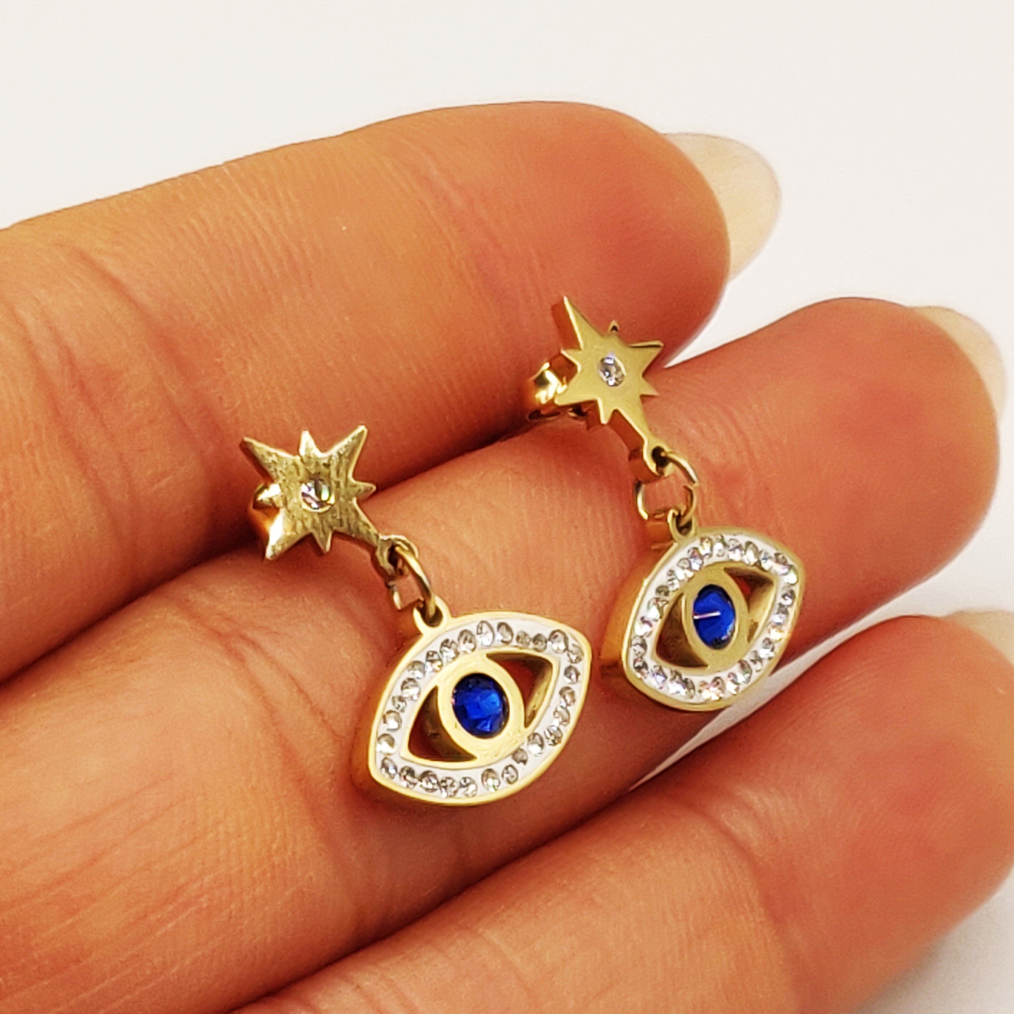Boucles d'oreilles Chaîne Double Yeux et Gouttes Bleues Luxe
