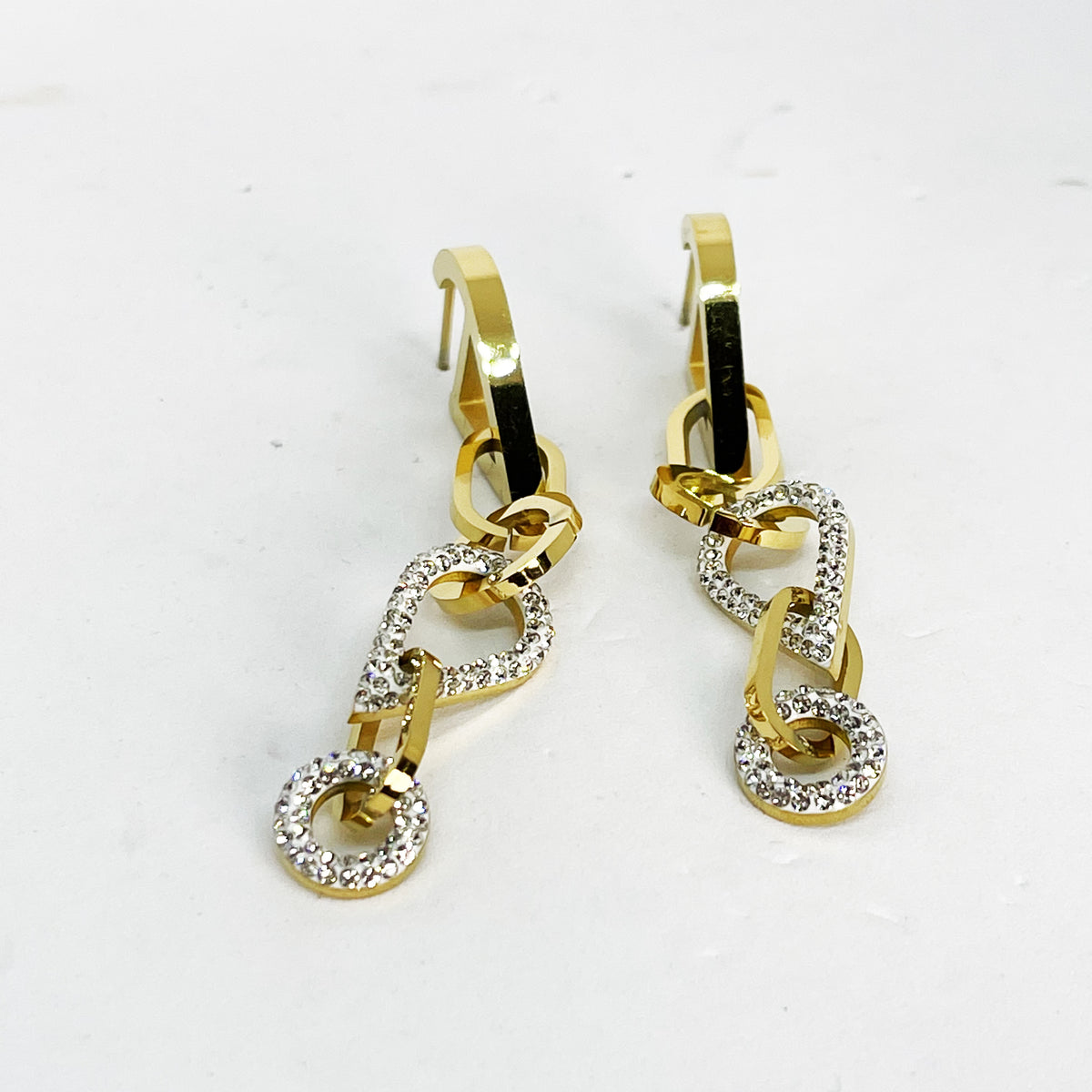 Boucles d'oreilles Chaîne Goutte et Cercle Cristaux