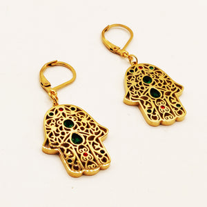 Boucles d'oreilles Chaîne Main de Fatma Cristaux Verts et Rouges