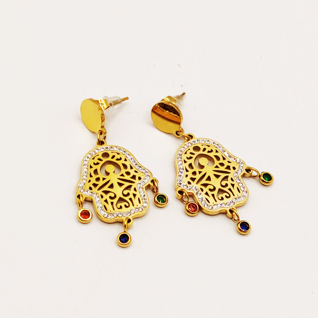 Boucles d'oreilles Chaîne Multi Mains de Fatma Cristaux Multicolores Luxe