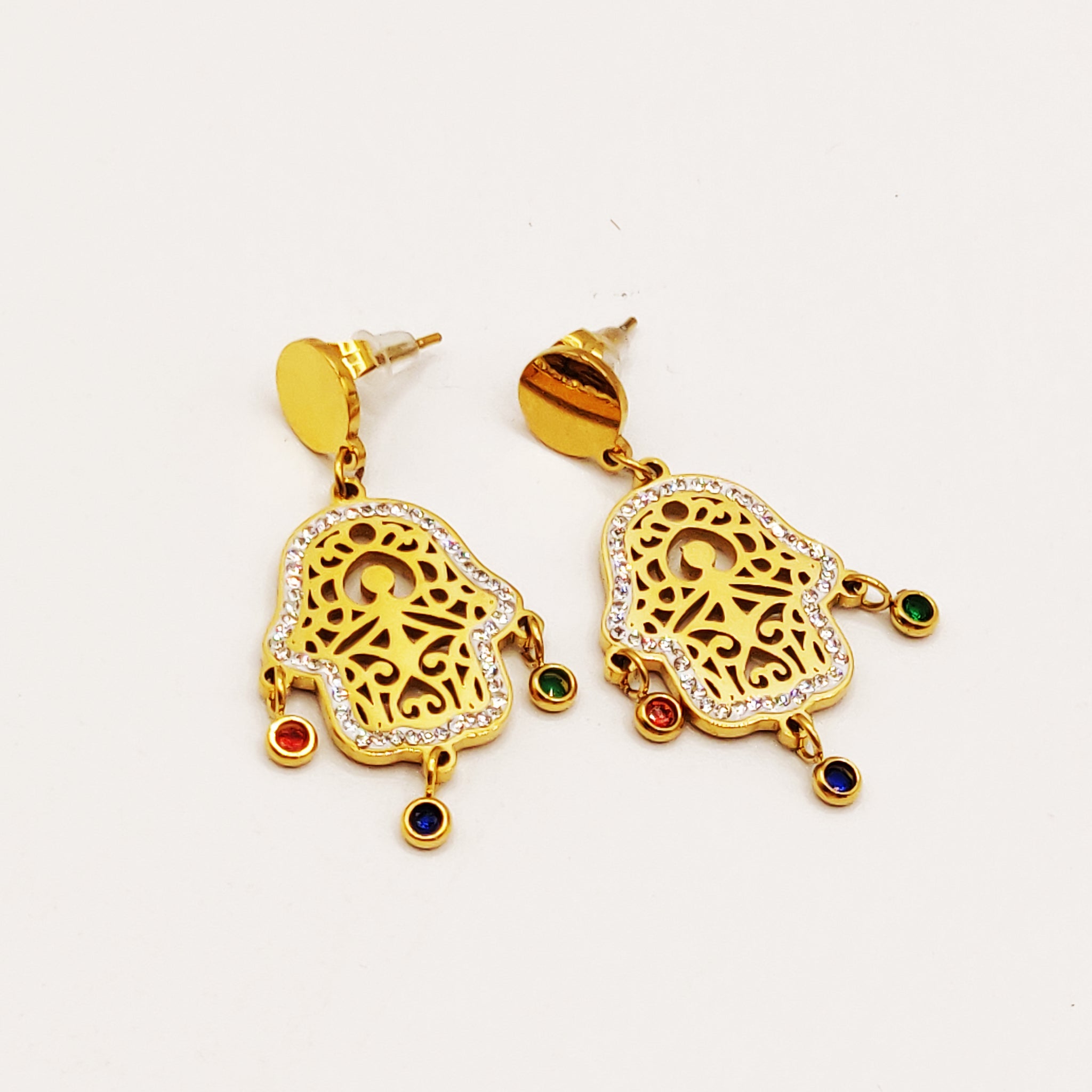 Boucles d'oreilles Chaîne Multi Mains de Fatma Cristaux Multicolores Luxe