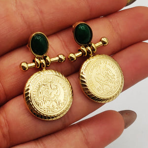 Boucles d'oreilles Chaîne Perle d'imitation Verte et Pendentif Louise Coq Luxe