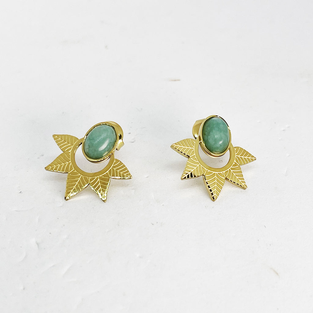Boucles d'oreilles Feuilles et Perles Bleues