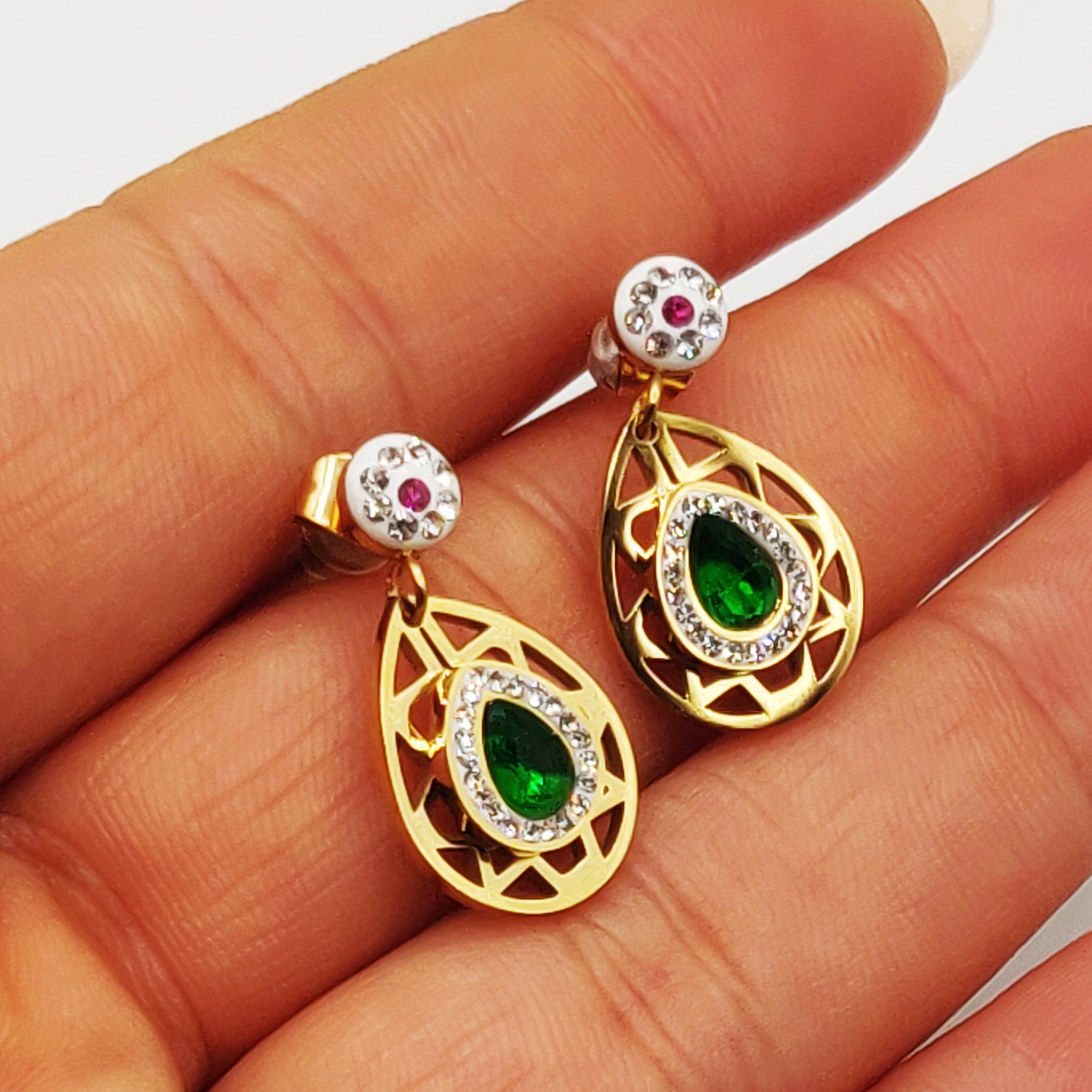 Boucles d'oreilles Gouttes Cristaux Verts et Roses Luxe