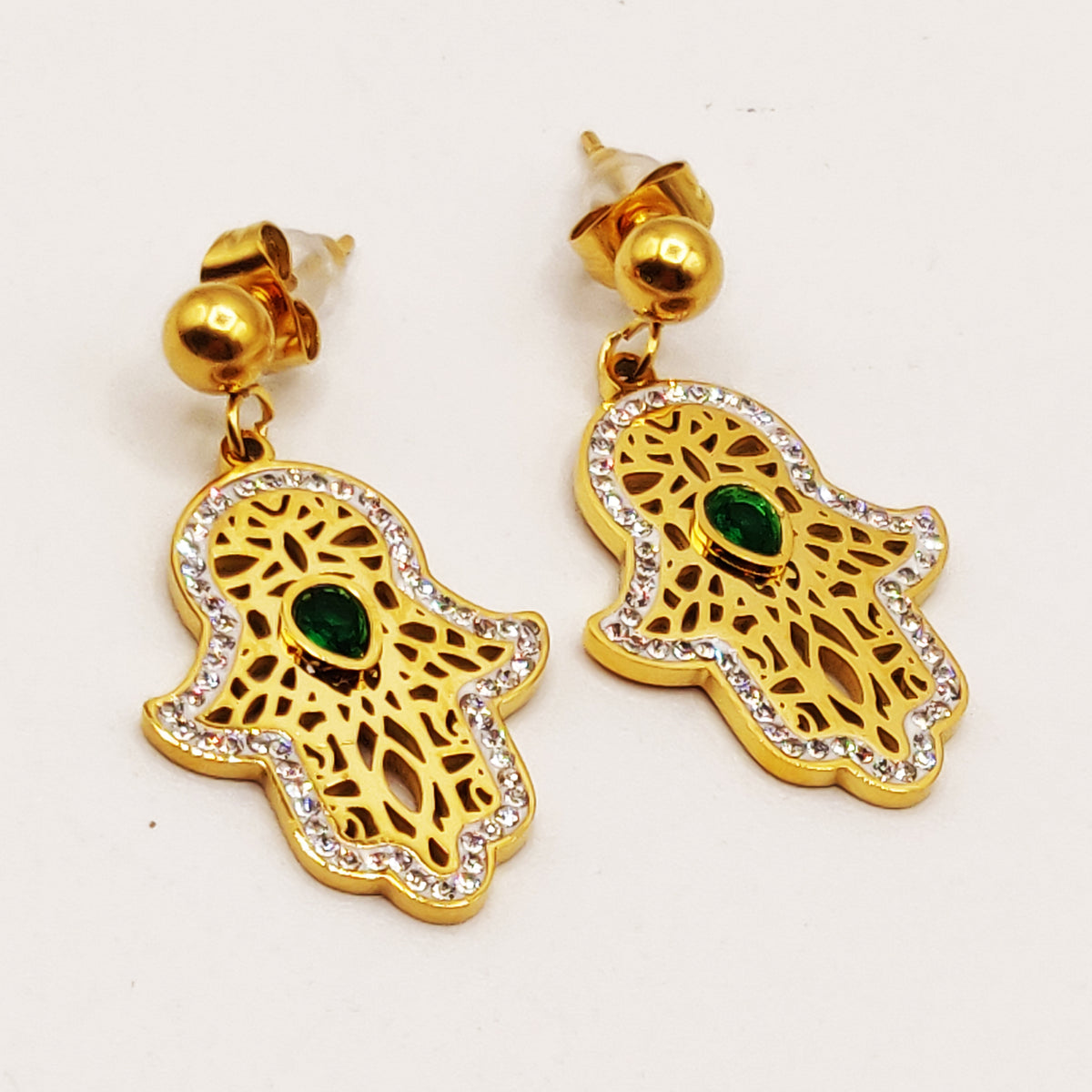 Boucles d'oreilles Maillons Grande Main de Fatma Goutte Verte Luxe