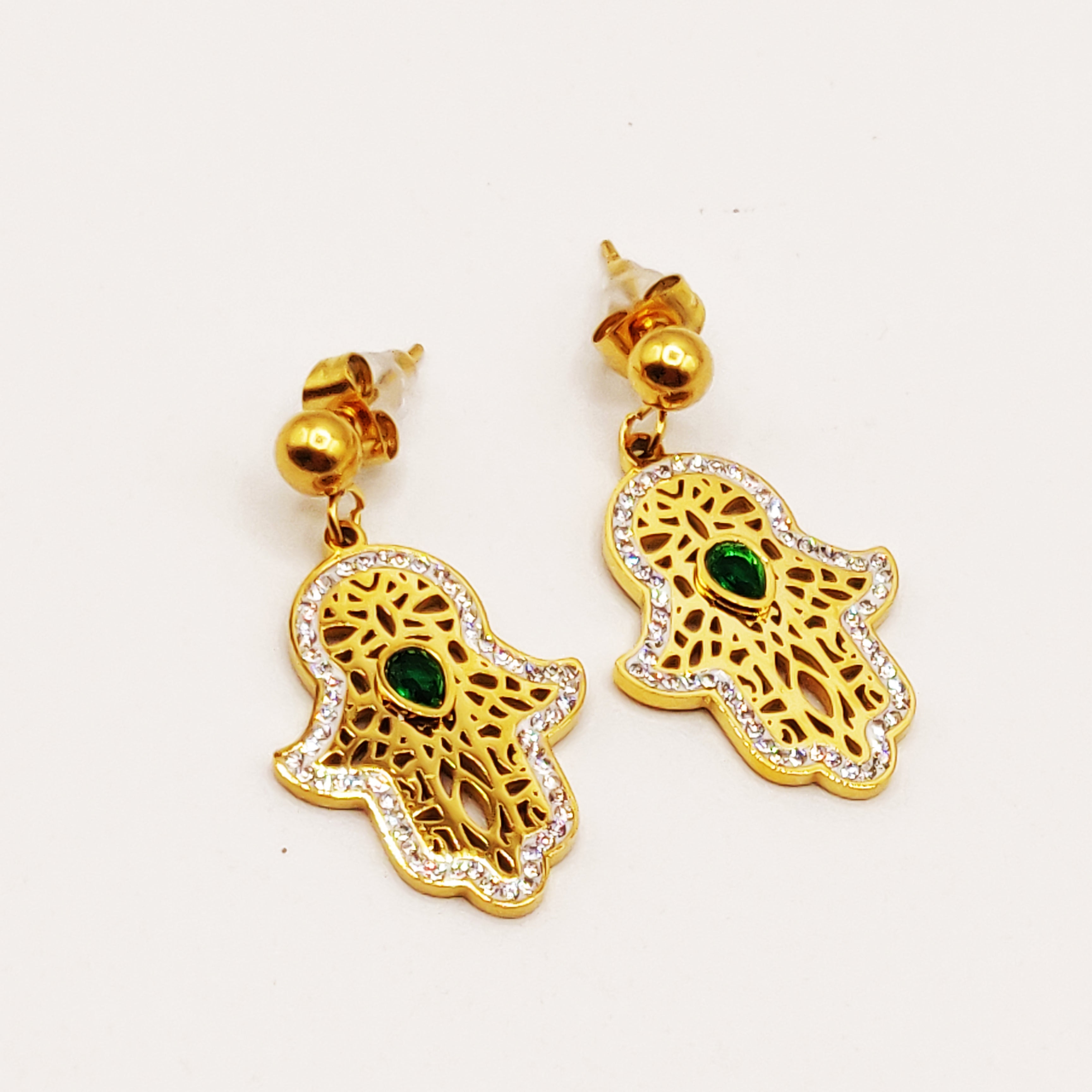 Boucles d'oreilles Maillons Grande Main de Fatma Goutte Verte Luxe