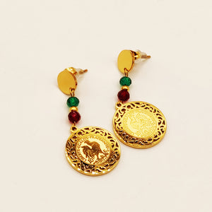 Boucles d'oreilles Louise Coq Perles d'imitation Vertes et Rouges Luxe