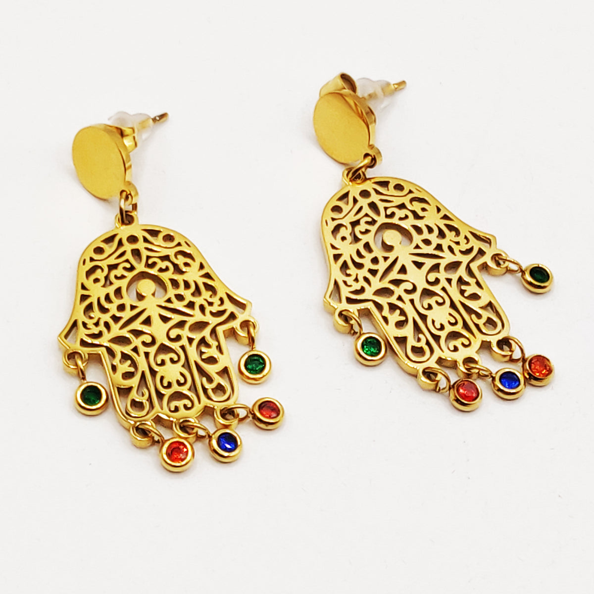 Boucles d'oreilles Maillons Grande Main de Fatma Cristaux Multicolores Luxe