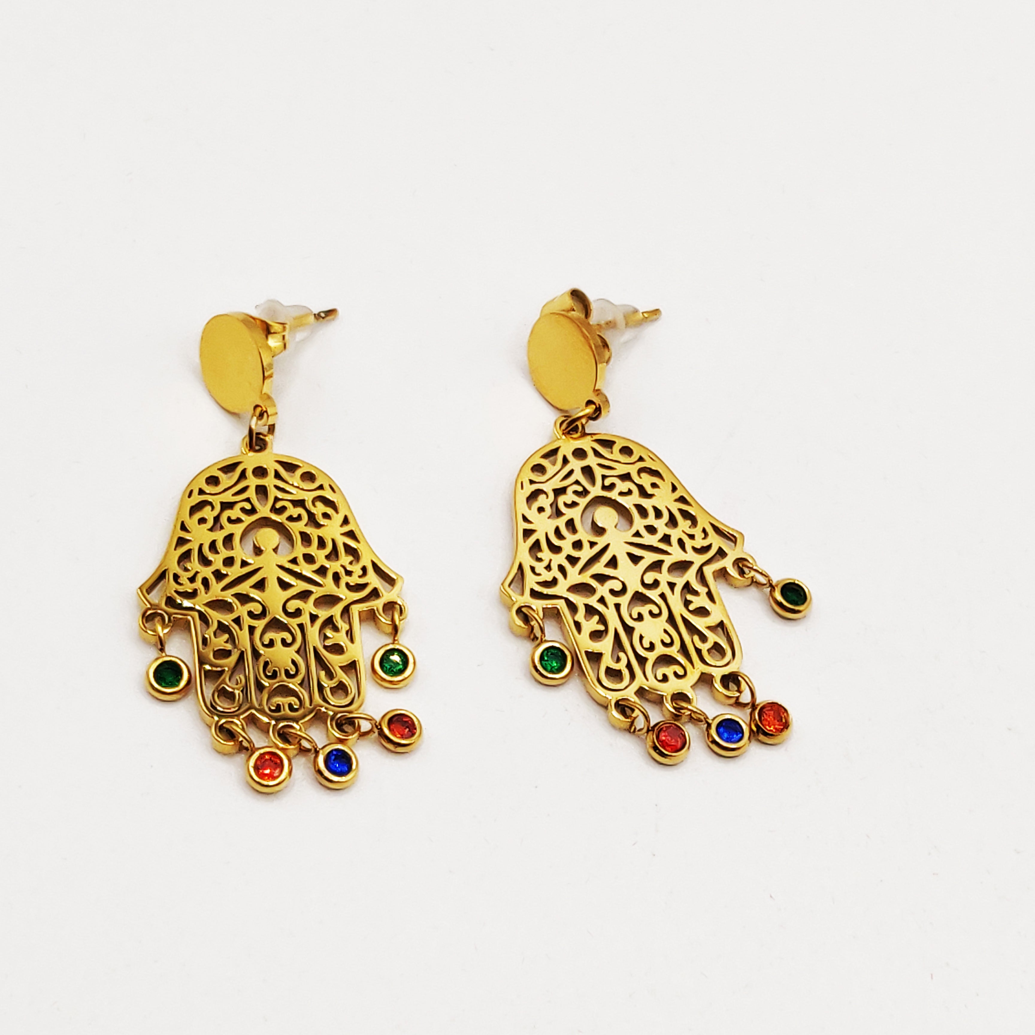 Boucles d'oreilles Maillons Grande Main de Fatma Cristaux Multicolores Luxe