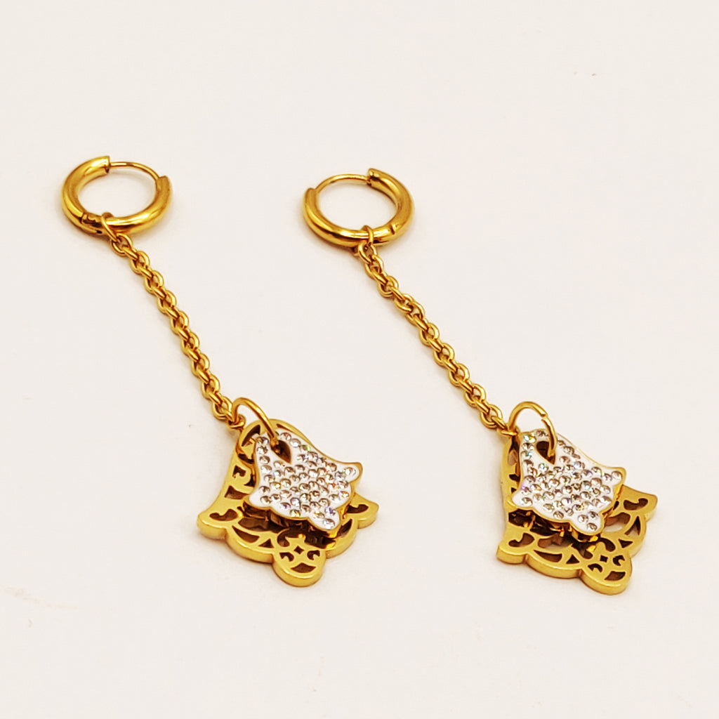 Boucles d'oreilles Maillons Pendentif Double Main de Fatma Cristaux Luxe
