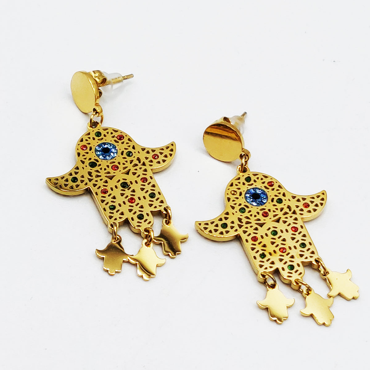 Boucles d'oreilles Maillons Grande Main de Fatma Oeil Bleu Pendentifs Mains de Fatma Luxe