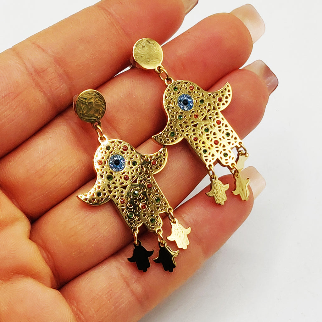 Boucles d'oreilles Maillons Grande Main de Fatma Oeil Bleu Pendentifs Mains de Fatma Luxe
