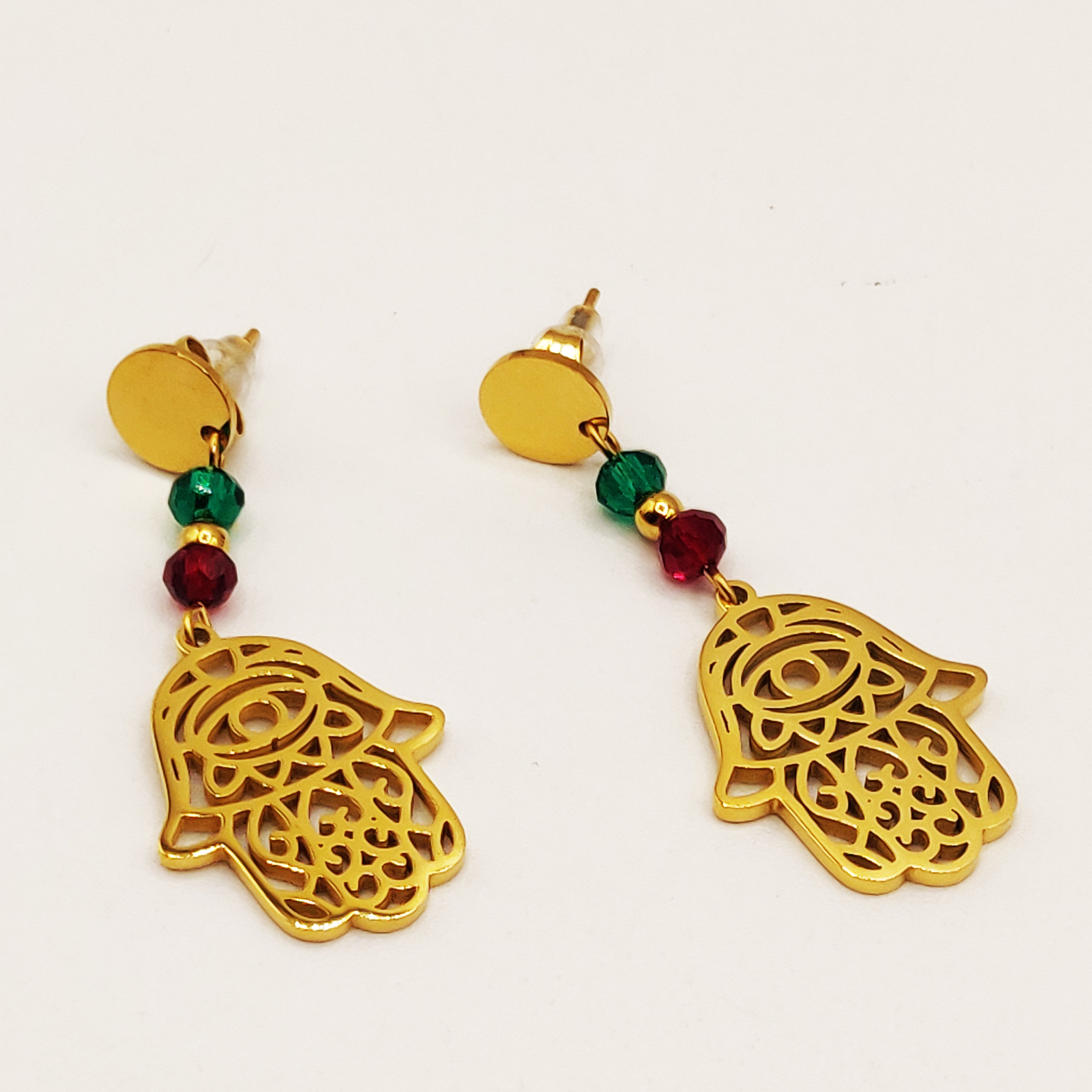Boucles d'oreilles Main de Fatma Perles d'imitation Vertes et Rouges Luxe