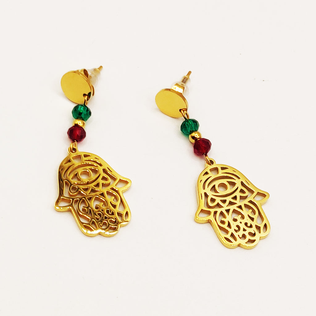 Boucles d'oreilles Main de Fatma Perles d'imitation Vertes et Rouges Luxe