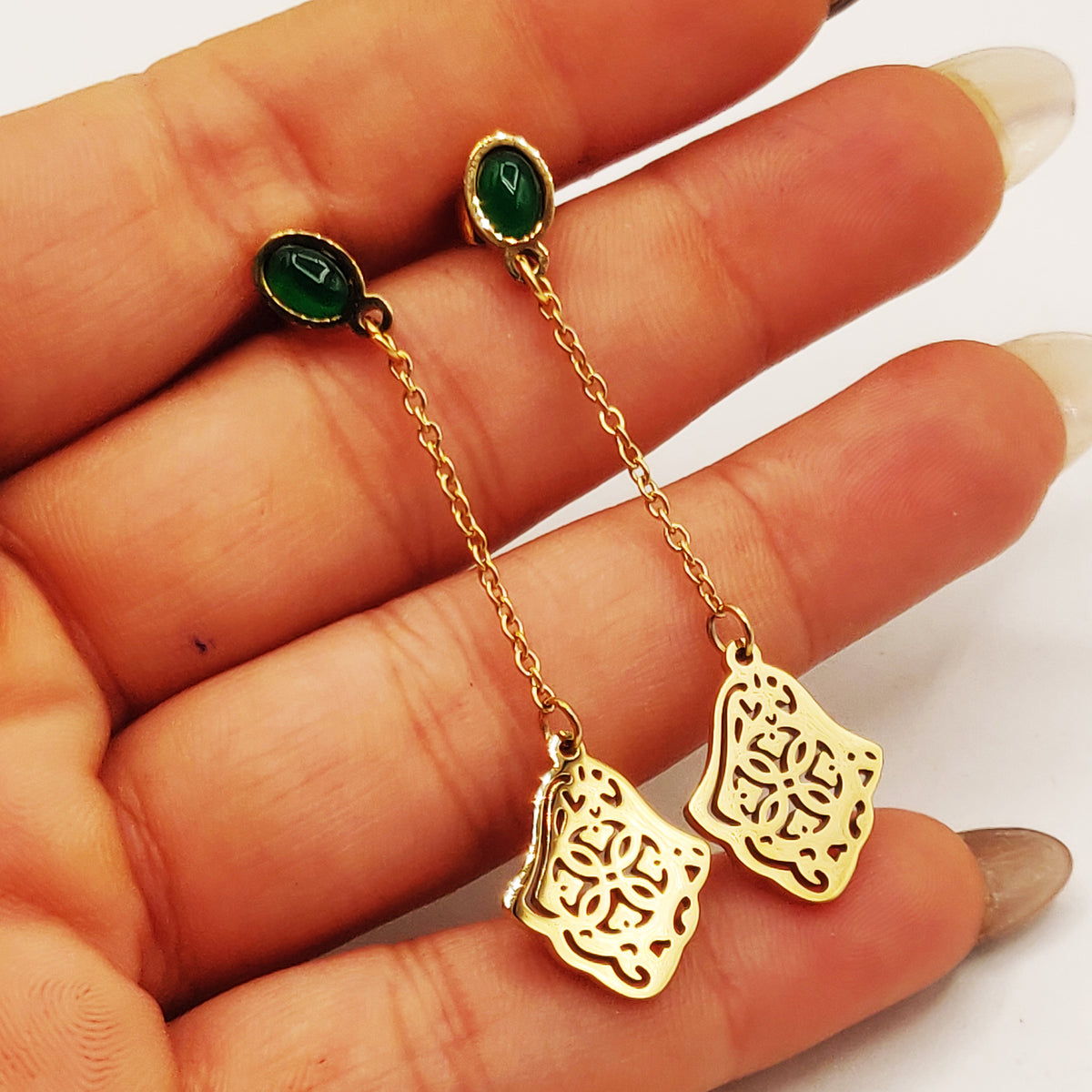 Boucles d'oreilles Multi Mains de Fatma et Pierres Vertes Luxe