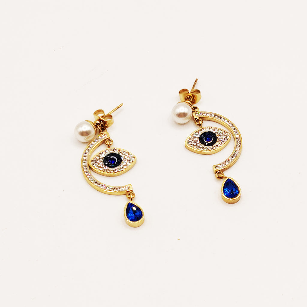 Boucles d'oreilles Oeil Cristaux et Gouttes Bleues