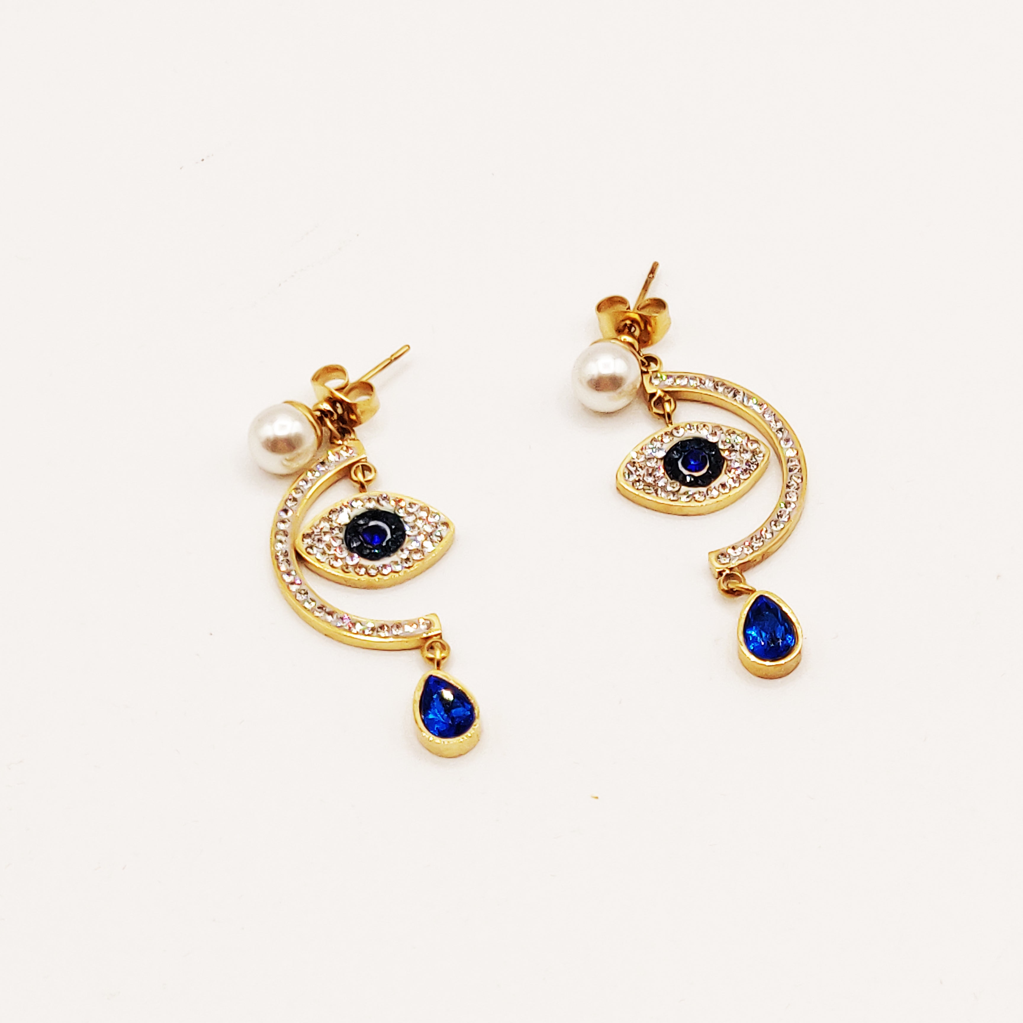 Boucles d'oreilles Oeil Cristaux et Gouttes Bleues