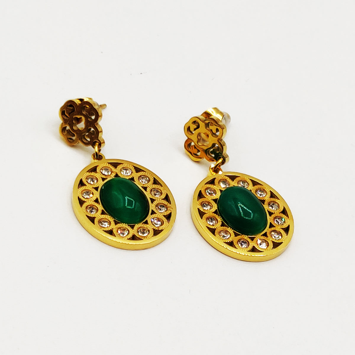 Boucles d'oreilles Ovale Cristaux et Perle Verte Luxe