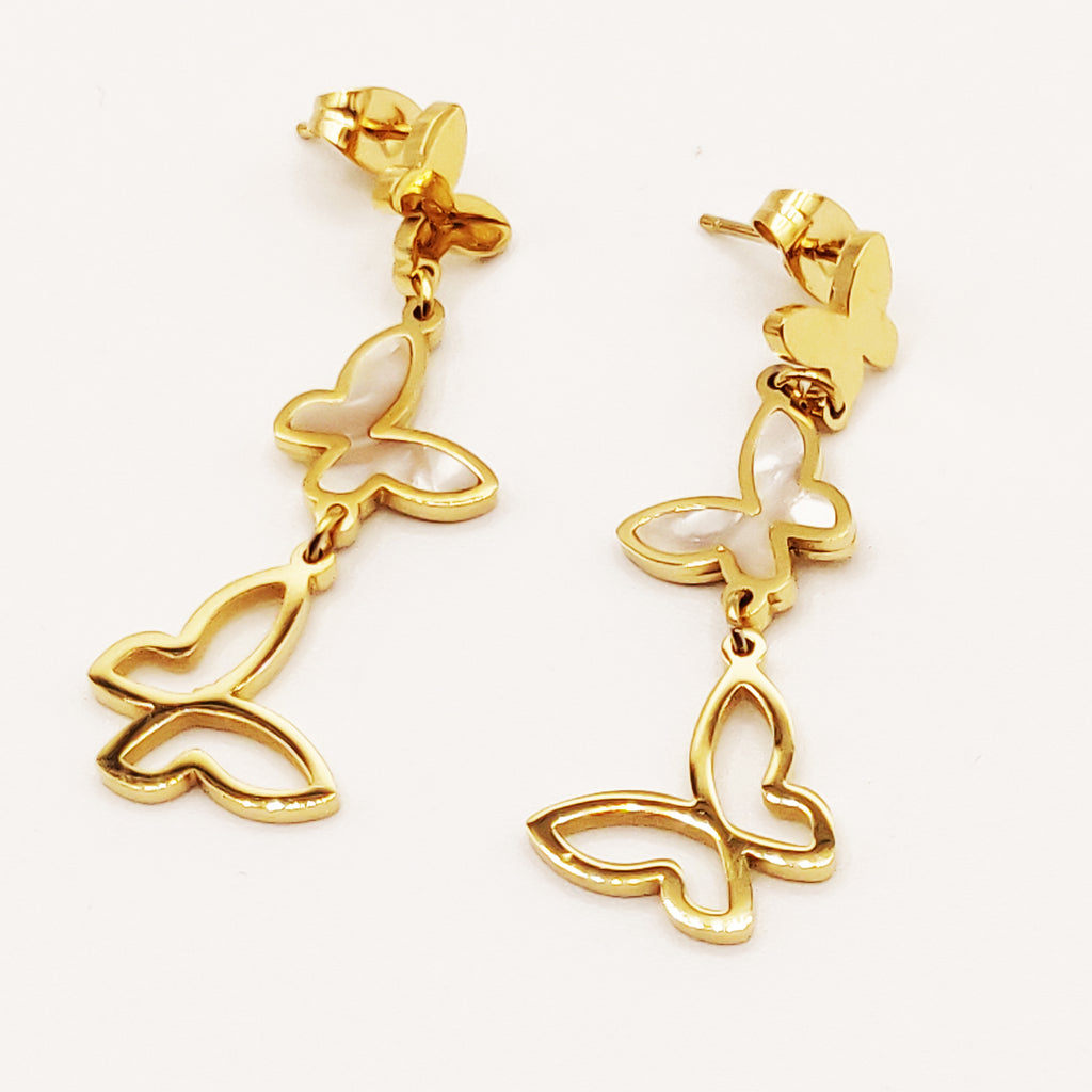 Boucles d'oreilles Papillons Blanc Nacré et Doré