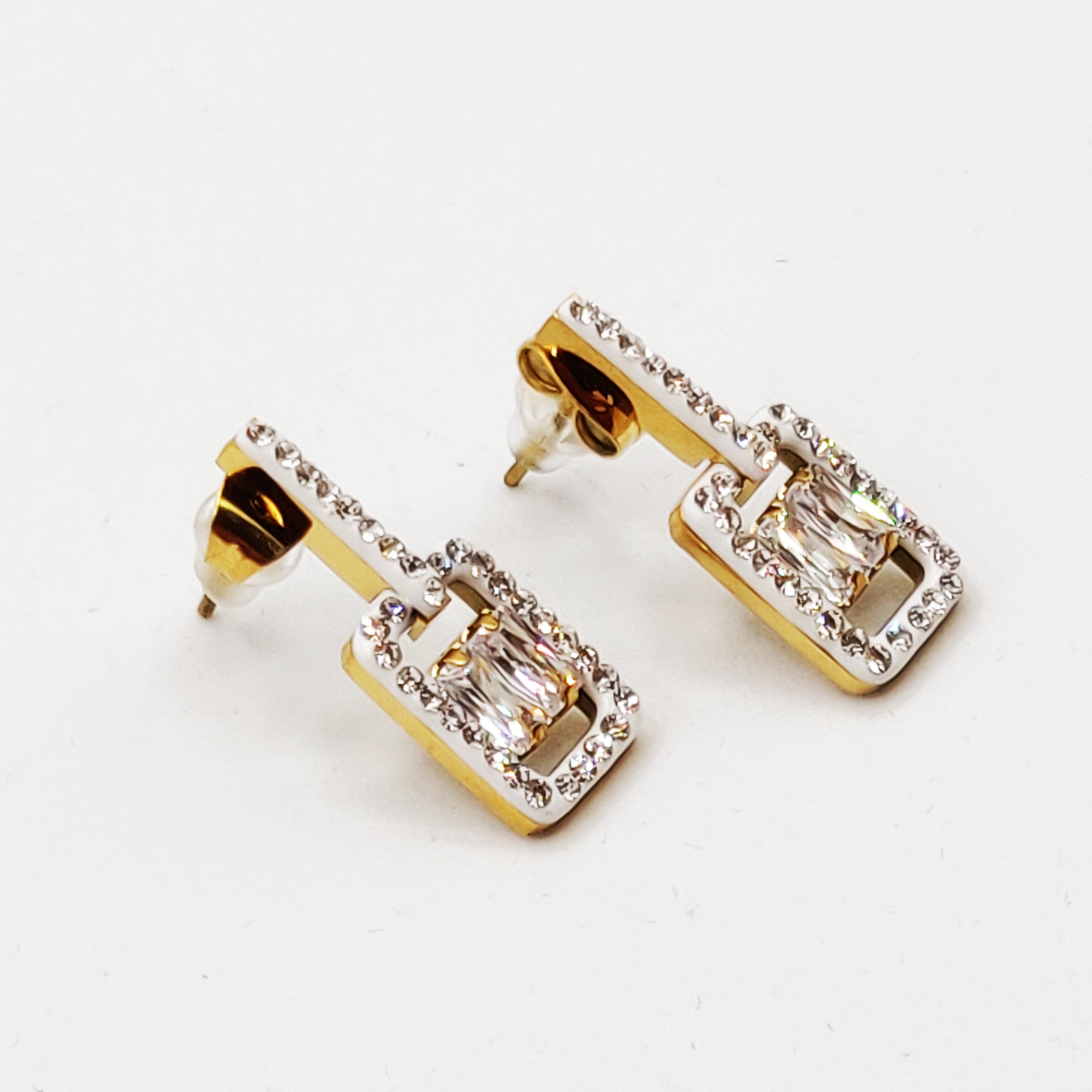 Boucles d'oreilles Pendentif Triple Rectangles Cristaux et Gros Cristal Luxe