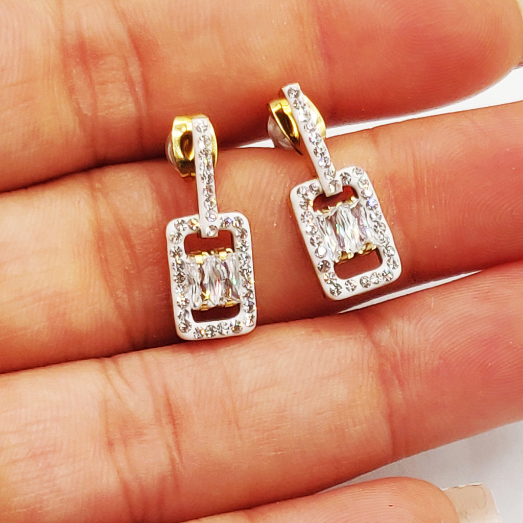 Boucles d'oreilles Pendentif Triple Rectangles Cristaux et Gros Cristal Luxe