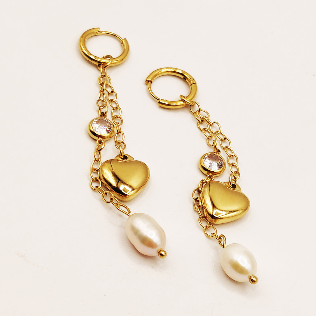 Boucles d'oreilles Pendentifs Coeur et Perle Blanche Luxe