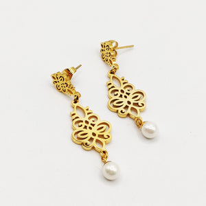 Boucles d'oreilles Pendentifs Fleurs Orientales et Perle Blanche Luxe