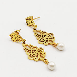 Boucles d'oreilles Pendentifs Fleurs Orientales et Perle Blanche Luxe