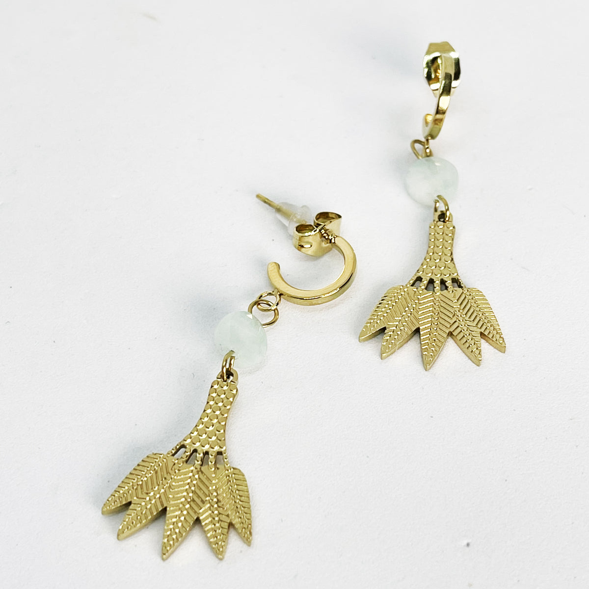 Boucles d'oreilles Perles d'imitation Bleues Clair et Feuilles