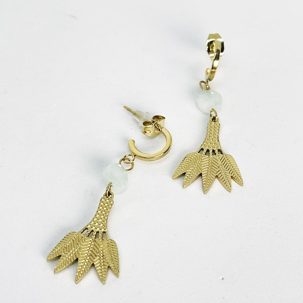 Boucles d'oreilles Perles d'imitation Bleues Clair et Feuilles