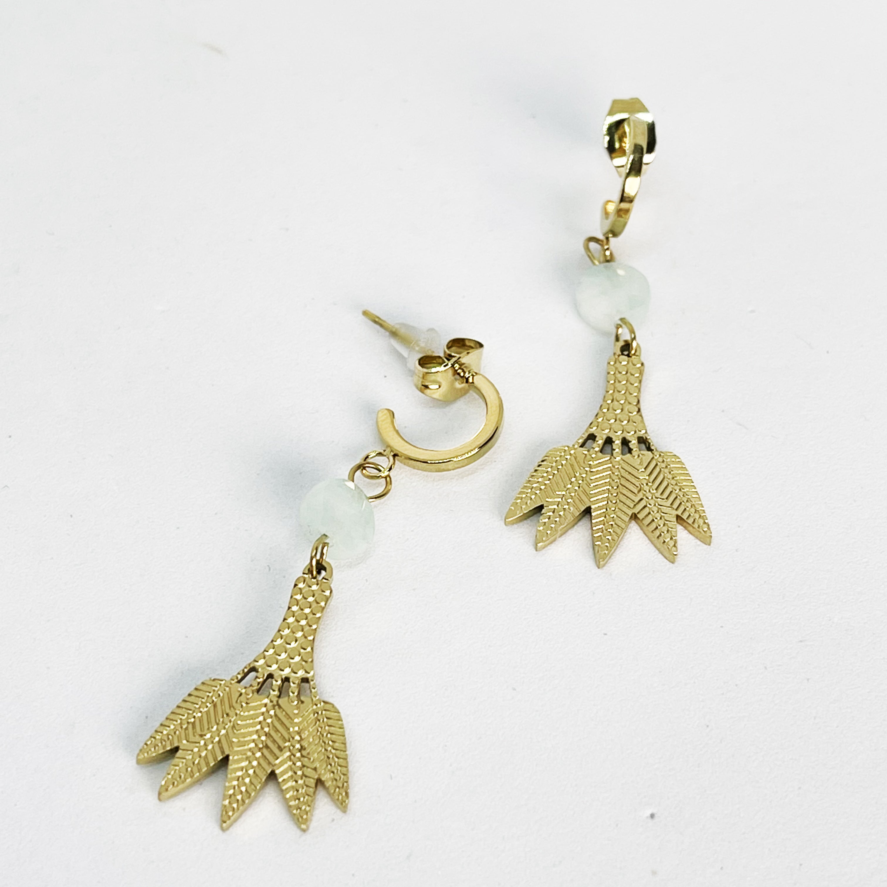 Boucles d'oreilles Perles d'imitation Bleues Clair et Feuilles
