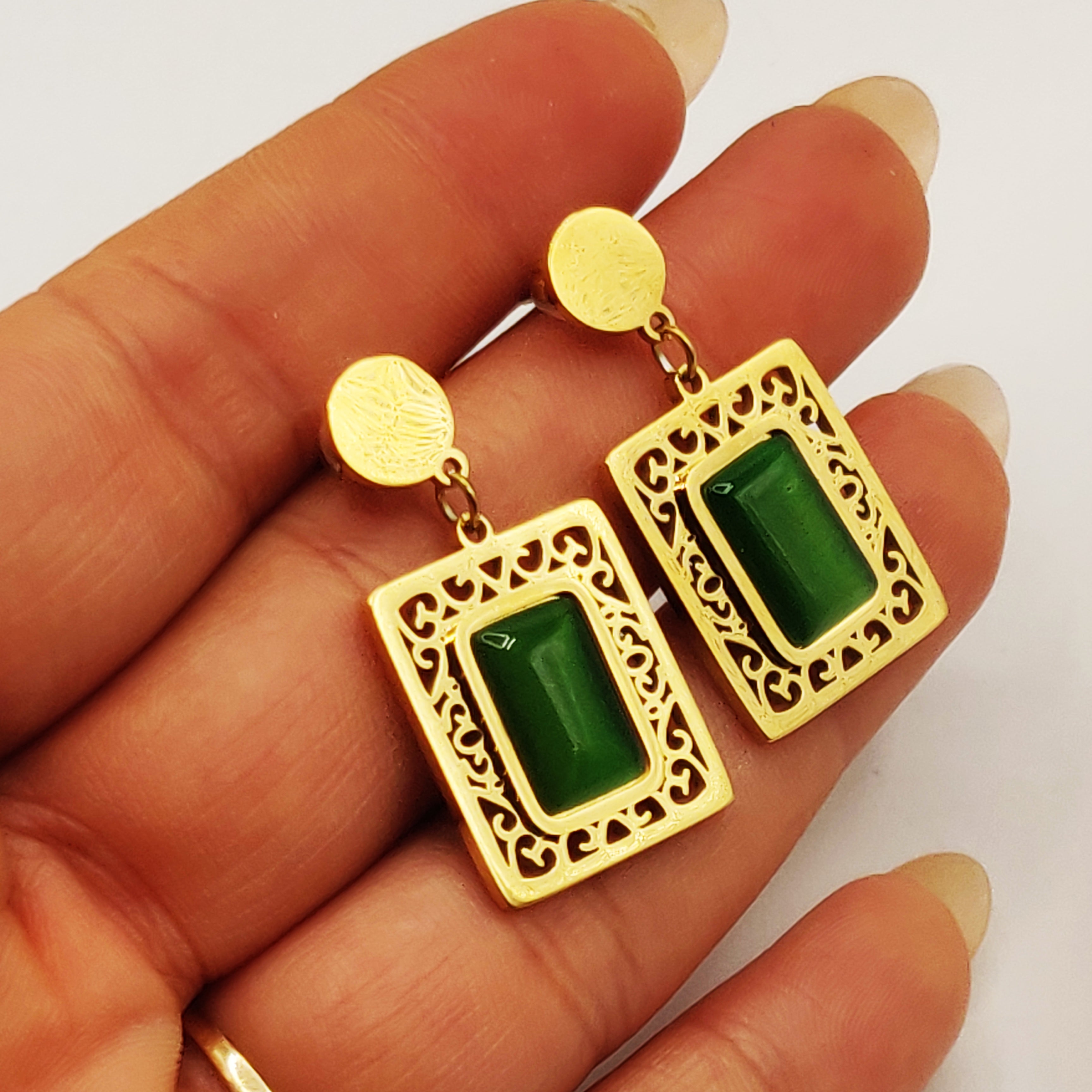 Boucles d'oreilles Torsade Rectangle Oriental Pierre Verte Luxe