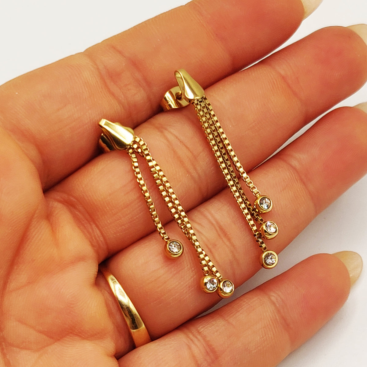 Boucles d'oreilles Triple Chaîne Cubique Cristaux Luxe