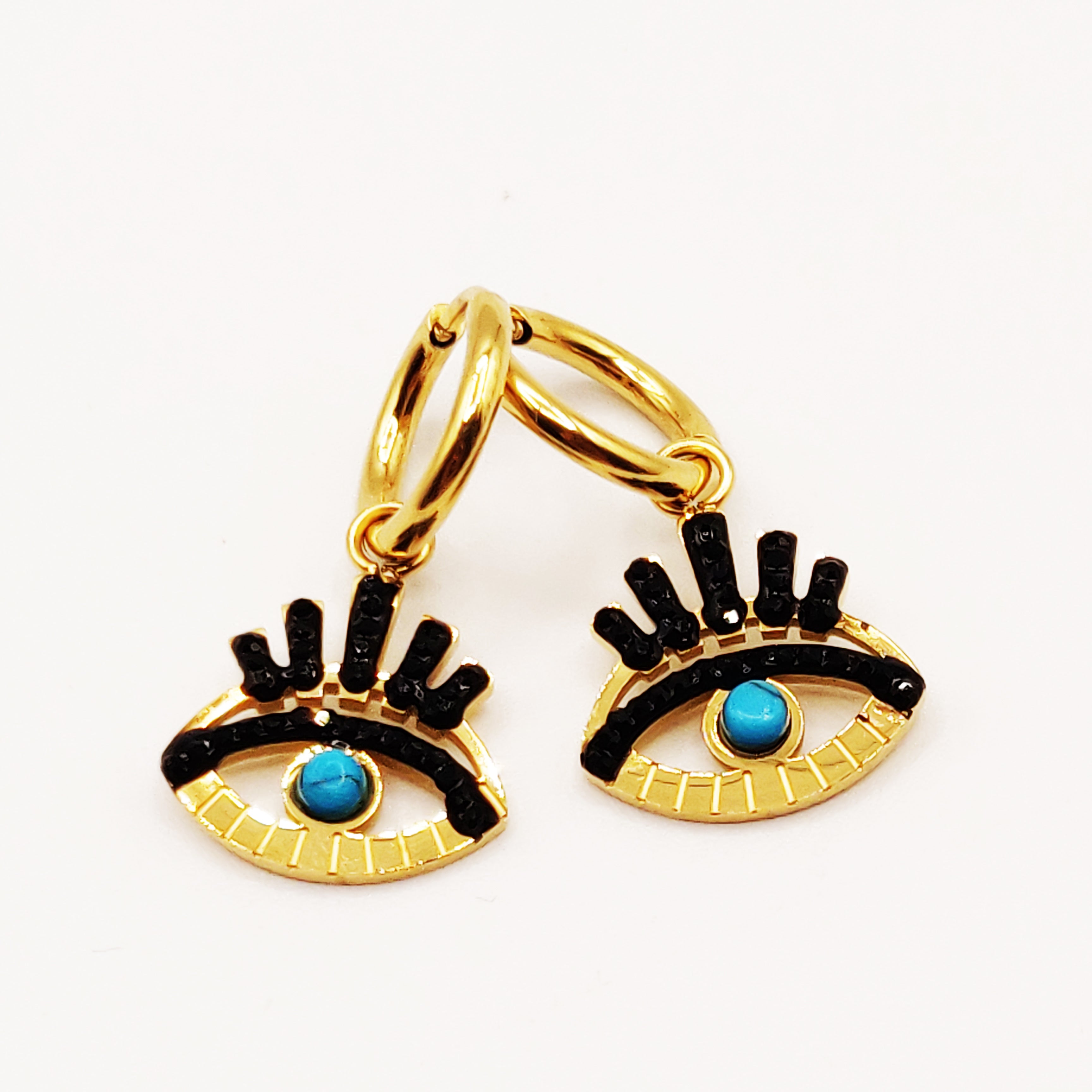 Boucles d'oreilles Yeux Cristaux Noirs et Perles Bleues