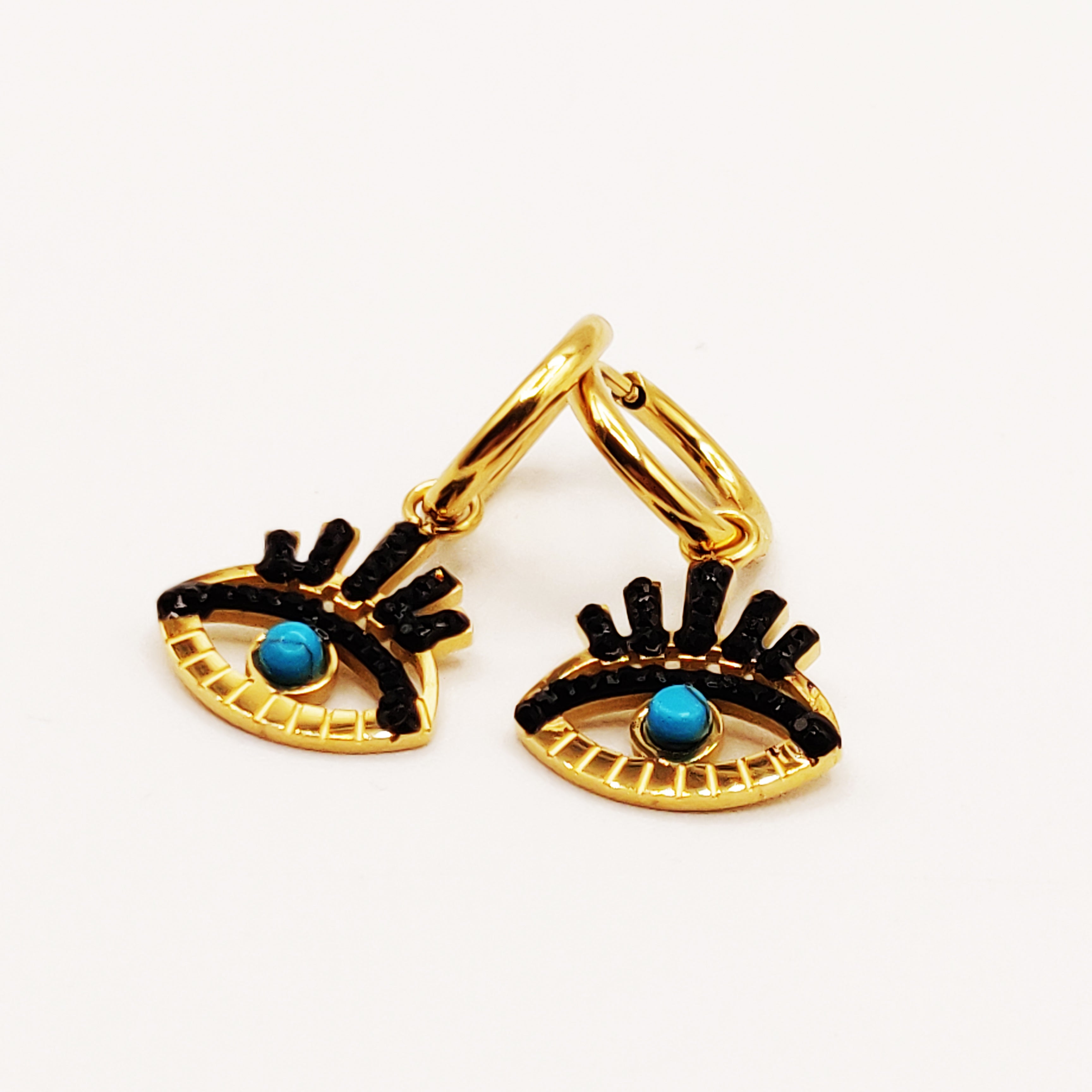 Boucles d'oreilles Yeux Cristaux Noirs et Perles Bleues