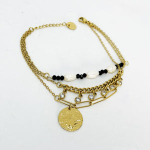 Bracelet 3 Chaînes Perles / Tresse Cristaux / Cercle