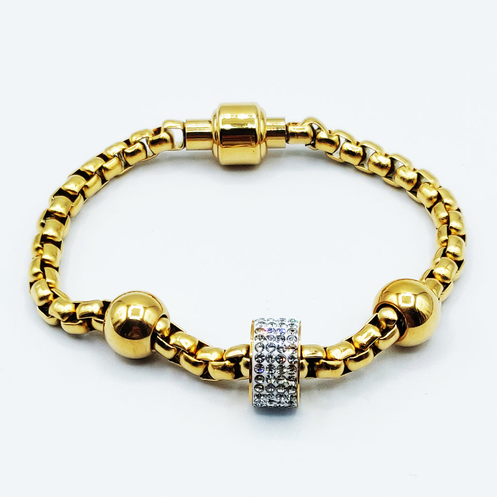 Bracelet Boules Dorées et Cristaux